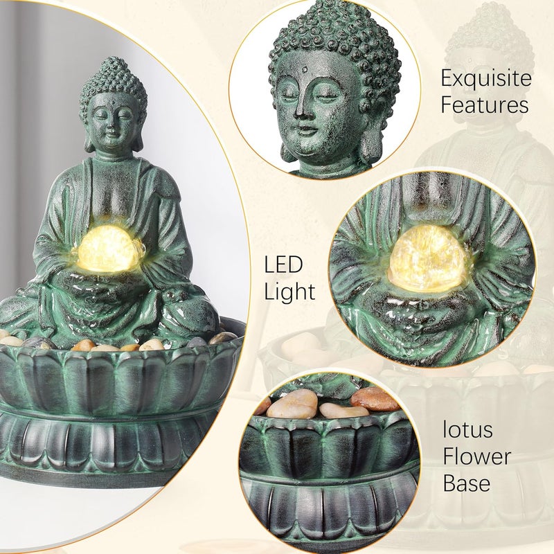 Haobos Indoor Tabletop Fountain Buddha Exquisite Sitting Meditation Statue, Desk-Top Water Fountain Decorative Zen Fountain w/Glass Rolling Ball/LED/Stone for Office/Home/feng Shui Decor 9.4" - Image 4